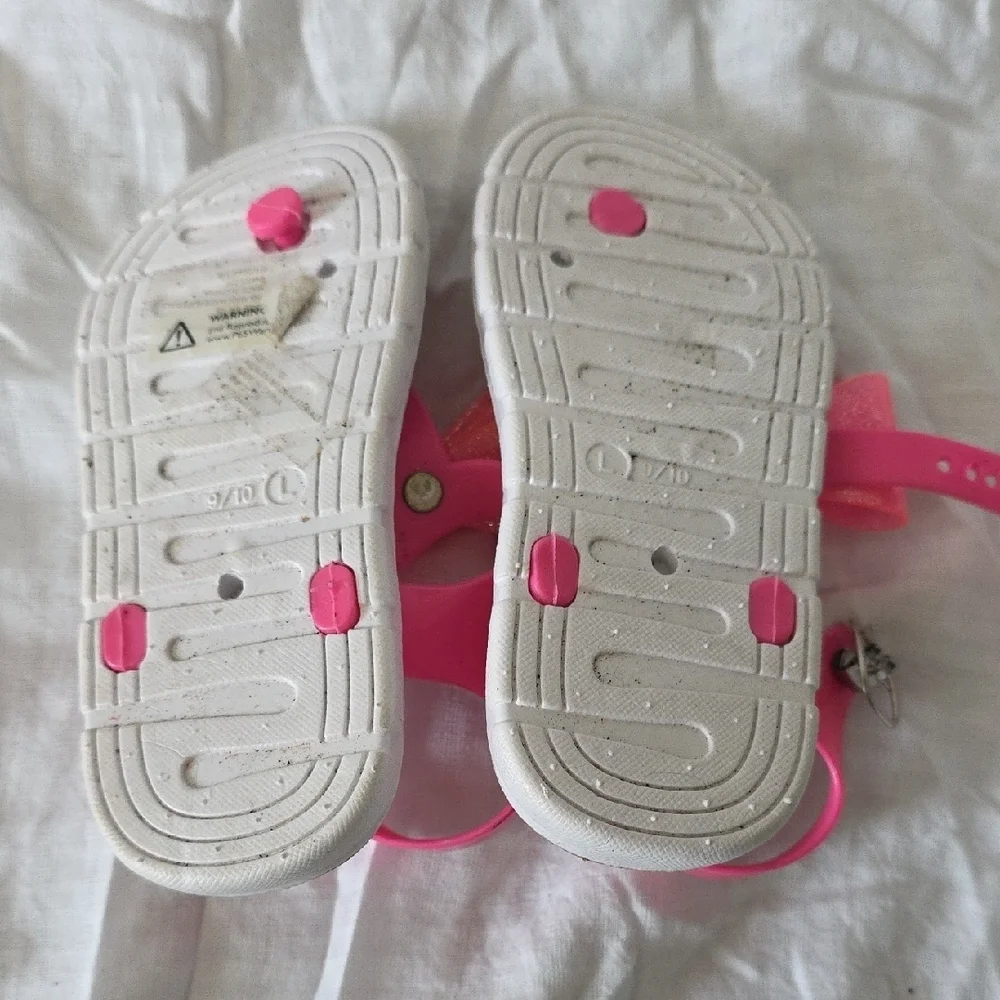 (J36) Wonder Nation Pink and Tan Sandals T-Strap Bow Design